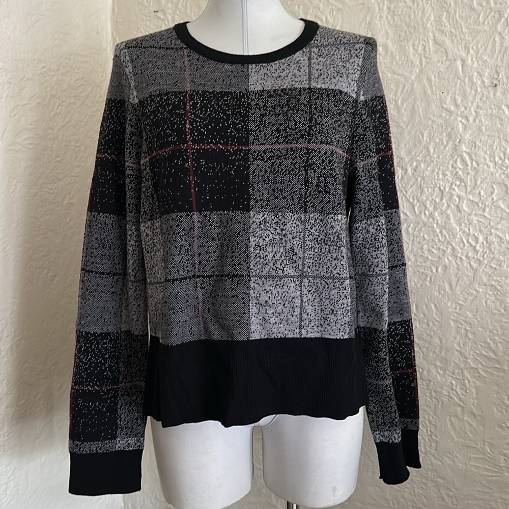 Rag & Bone Tegan 100% Merino Wool Plaid Sweater Large Black Gray Maroon